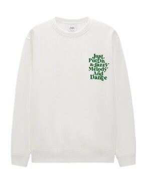 Zara Men Cream Crewneck Sweatshirt with Green Script Chest Print